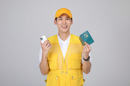 millennials and gen z, korean asian young man holding a bankbook and smartphoneの写真素材