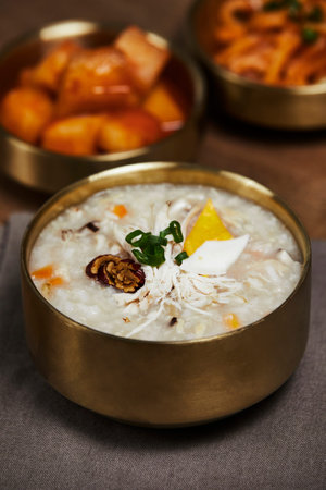 korean traditional food dakjuk, chicken rice porridgeの写真素材