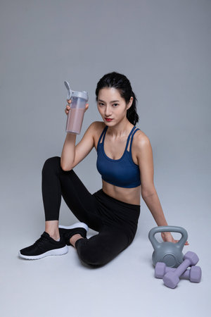 healthy beauty concept photo of korean asian beautiful woman with protein shakes