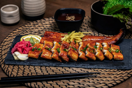 korean traditional food, grilled eel with korean traditional alcoholの写真素材