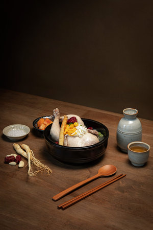 korean traditional food samgyetang, chicken soup with ginseng with korean traditional alcohol