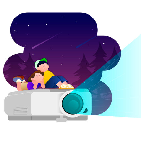 home appliances vector, couple watching movie with projector in the eveningのイラスト素材
