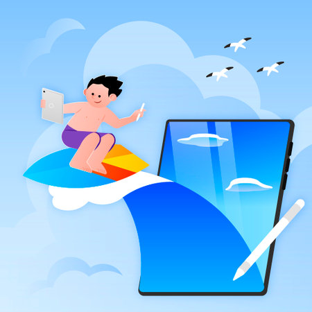 home appliances vector, sufer holding tablet pc and riding the wavesのイラスト素材