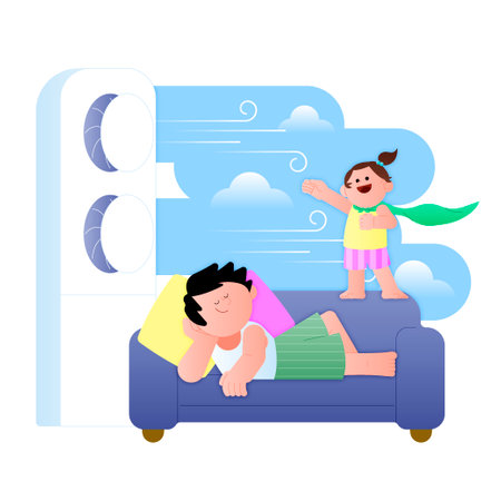 home appliances vector, father and daughter sitting and enjoying fan breezeのイラスト素材