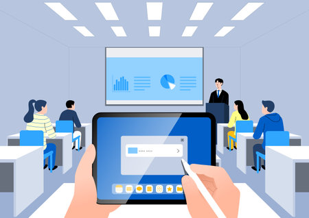 device-dependency, remote learning with tablet pcのイラスト素材