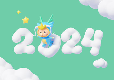 3D vector dragon character standing on a cloud shaped the number 2024の写真素材