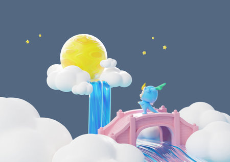 3D vector dragon character gazing at a waterfall from a bridge over a flowing river