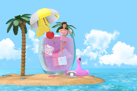 3D summer concept of woman character swimming in a glass with ice on a deserted islandの写真素材