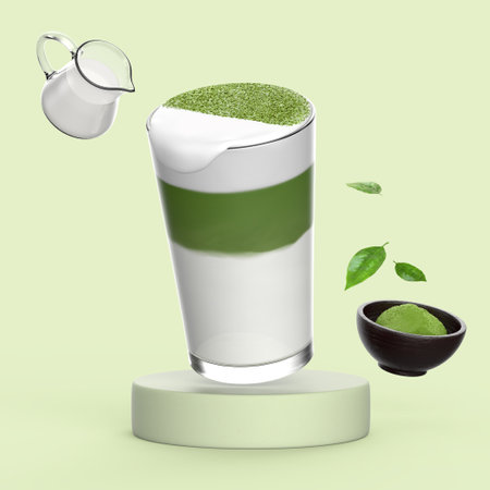 3D beverage concept of an iced matcha viennese coffee with matcha leaves and matcha powderの写真素材