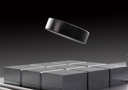 3D graphic of superconductor, metallic object in mid-air