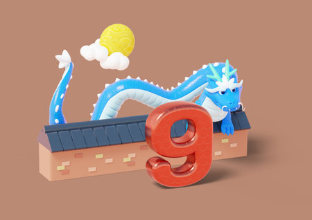 year of the dragon full moon and blue dragon 3d graphic in traditional korean house