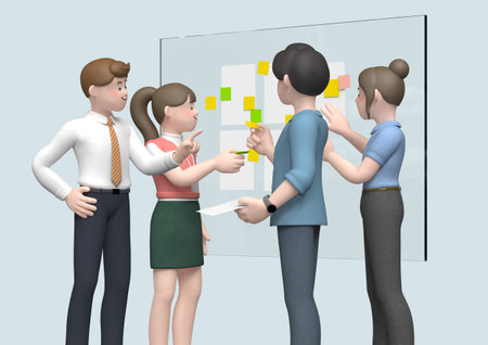 business character discussion while looking at display screen 3d graphic