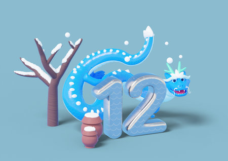 year of the dragon snow strewn winter tree jangdokdae and blue dragon 3d graphicの写真素材