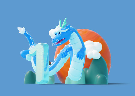 year of the dragon 3d graphic symbolizes january in the background of the sun