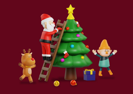 surprise santa claus of decorating a christmas tree 3d character object graphicの写真素材