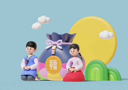 Happy Holidays_Children sitting and smiling in hanbok 3D Graphic Image