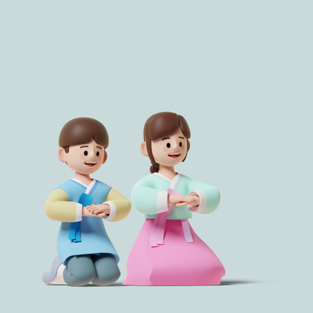 Holiday greetings_Children bowing in Korea traditional dress called hanbok 3D graphic imageの写真素材