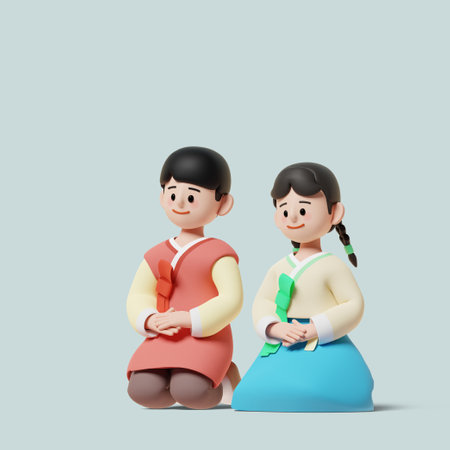 Holiday greeting_Children sitting somewhere in hanbok 3D Graphic Imageの写真素材