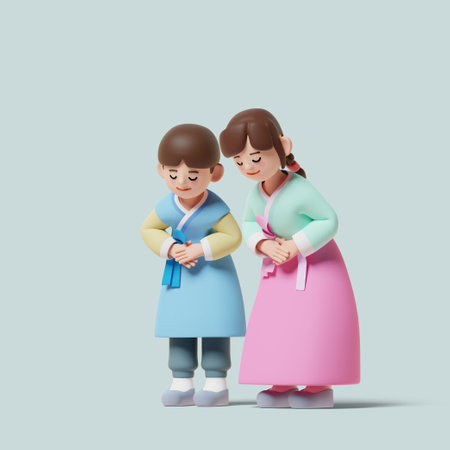 Holiday greetings_Children shyly greeting each other in Korea traditional dress called hanbok 3D graphic imageの写真素材