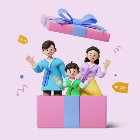 Holiday shopping event_Family dressed in hanbok and greeting each other in a gift box 3D graphic imageの写真素材