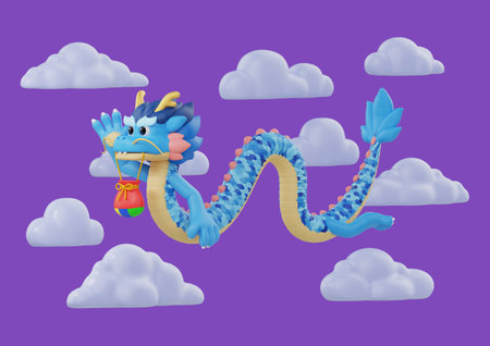 Blue Dragon Biting Cloud Background and Lucky Pouchの写真素材