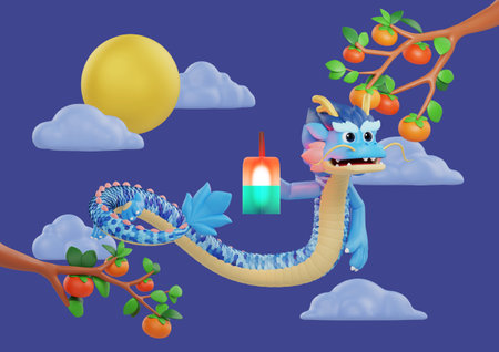 Blue Dragon with persimmon tree cloud moon background and blue green lanternの写真素材