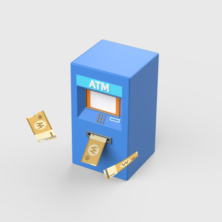 ATM machine 3d object with bills and bills flying
