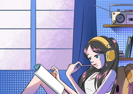 A woman who is lost in her thoughts while listening to music with a headset onの写真素材