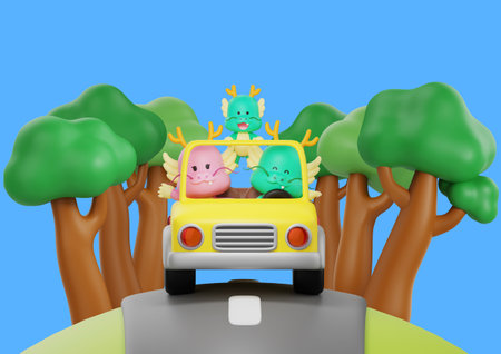 A group of three cartoon dragons characters are seen riding a yellow carの写真素材