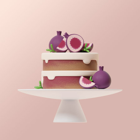 There is a two tier cake with fig toppings on the cake plate