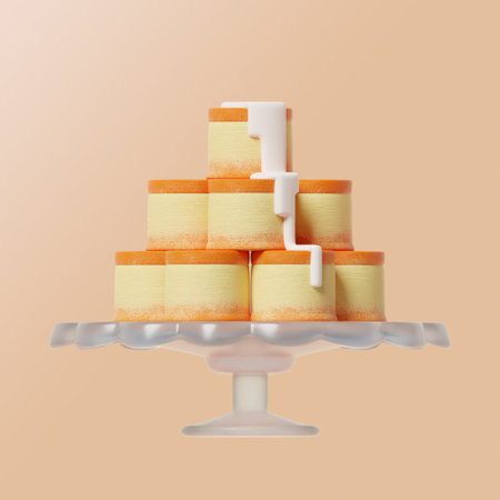 Several orange round mini cakes are stacked on top of the cake plate