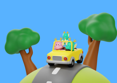 A group of three cartoon dragons characters are seen riding a yellow carの写真素材