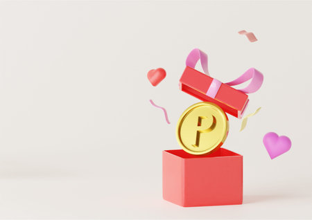 A gold coin with P written on it is from a red gift box