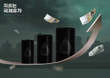 Rising curve with cash flying and oil barrels listed international oil prices skyrocketの写真素材