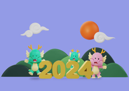 There are three character cartoon dragons standing in front of the 2024 mumber