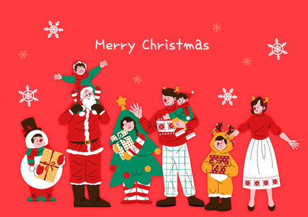 Santa and his family in Christmas costumes are smilingのイラスト素材