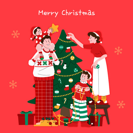 The family is decorating the treeのイラスト素材