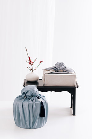 There are two gifts wrapped in clothの写真素材