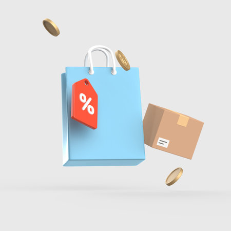 Discount coupon and shopping bag delivery box objectの写真素材
