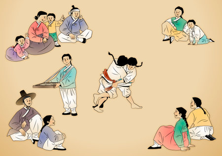 Korean Traditional Play_People in hanbok sit and watch ssireum playersのイラスト素材