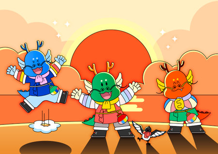 Three dragons wearing hanbok against the background of the sunのイラスト素材