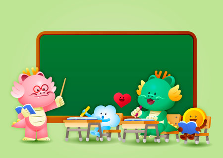 Two characters dragons studying in front of the blackboard and friendsのイラスト素材