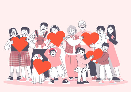 Students, families, the elderly, young people, pets, and children are standing with hearts and smilingのイラスト素材