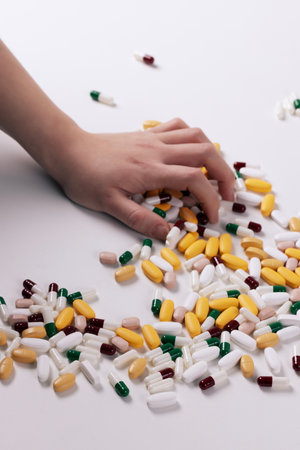holding a handful of pills with one's handの写真素材