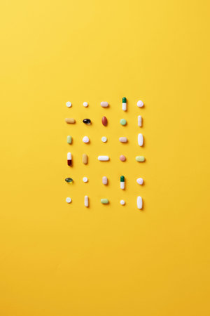 Color medicines arranged in a square shape on a yellow background
