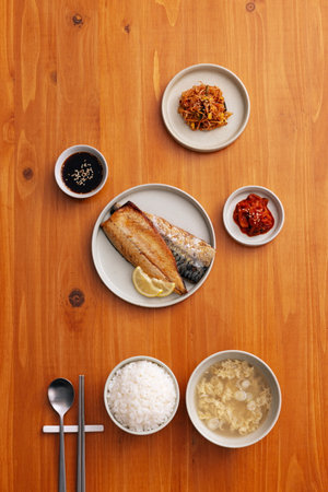 a delicious grilled mackerel table settingの写真素材