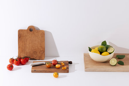 fresh salad ingredients on wooden boardsの写真素材