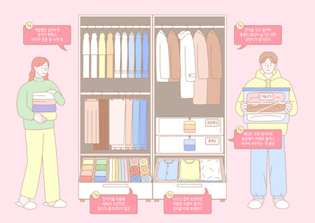 A scene that guides you on how to organize your winter clothesのイラスト素材