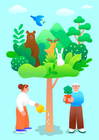 People who water trees and nature and animals on treesのイラスト素材