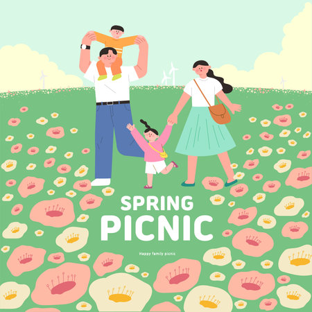 Family Illustration Enjoying Spring Picnic Outingsのイラスト素材